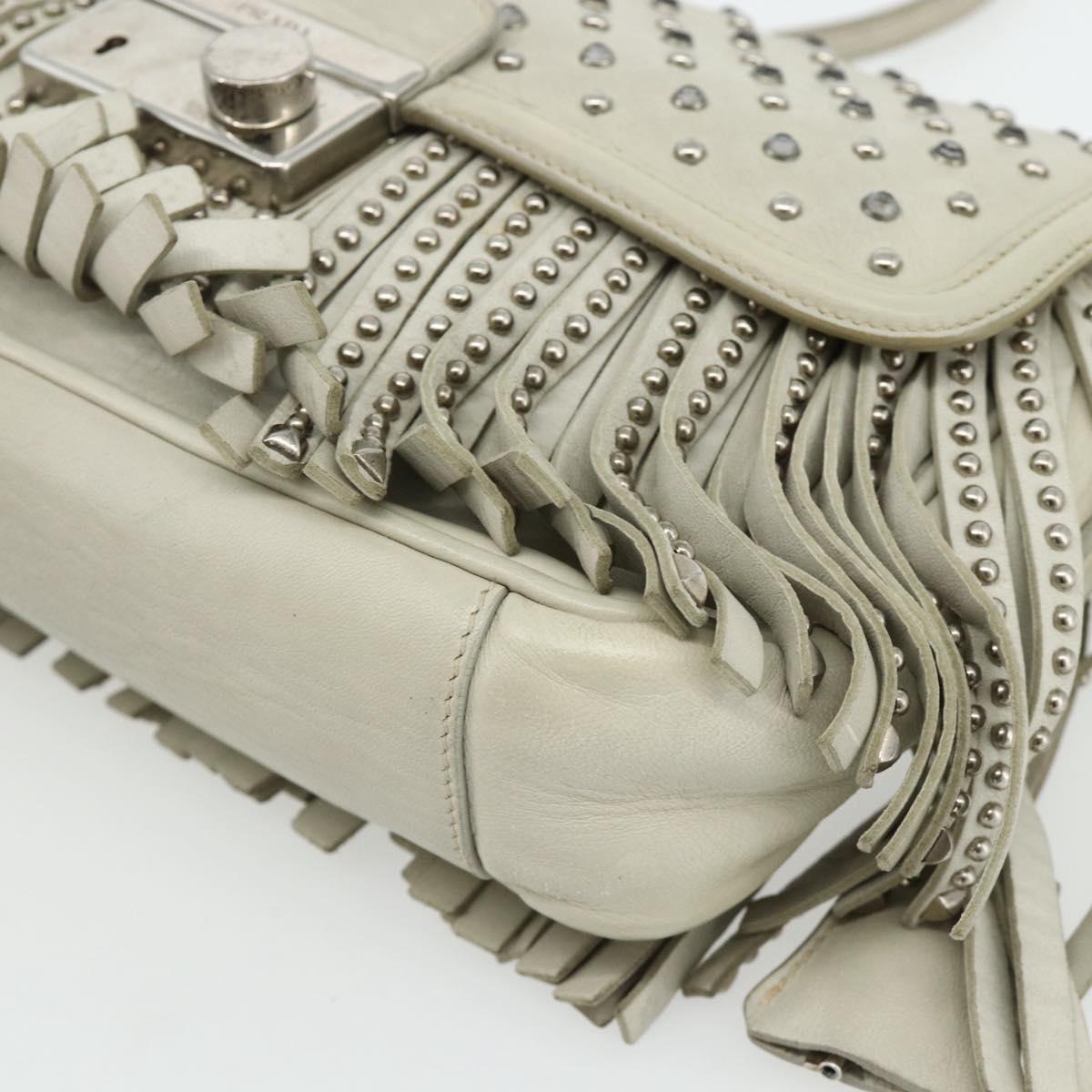 PRADA Chain Shoulder Bag Leather Silver Ivory Auth 179041A