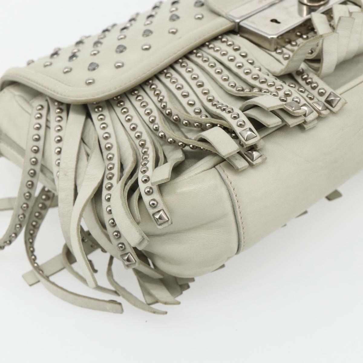 PRADA Chain Shoulder Bag Leather Silver Ivory Auth 179041A