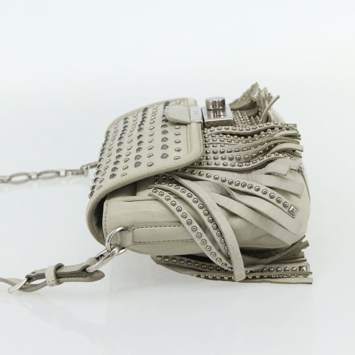 PRADA Chain Shoulder Bag Leather Silver Ivory Auth 179041A