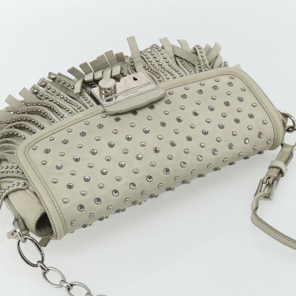 PRADA Chain Shoulder Bag Leather Silver Ivory Auth 179041A