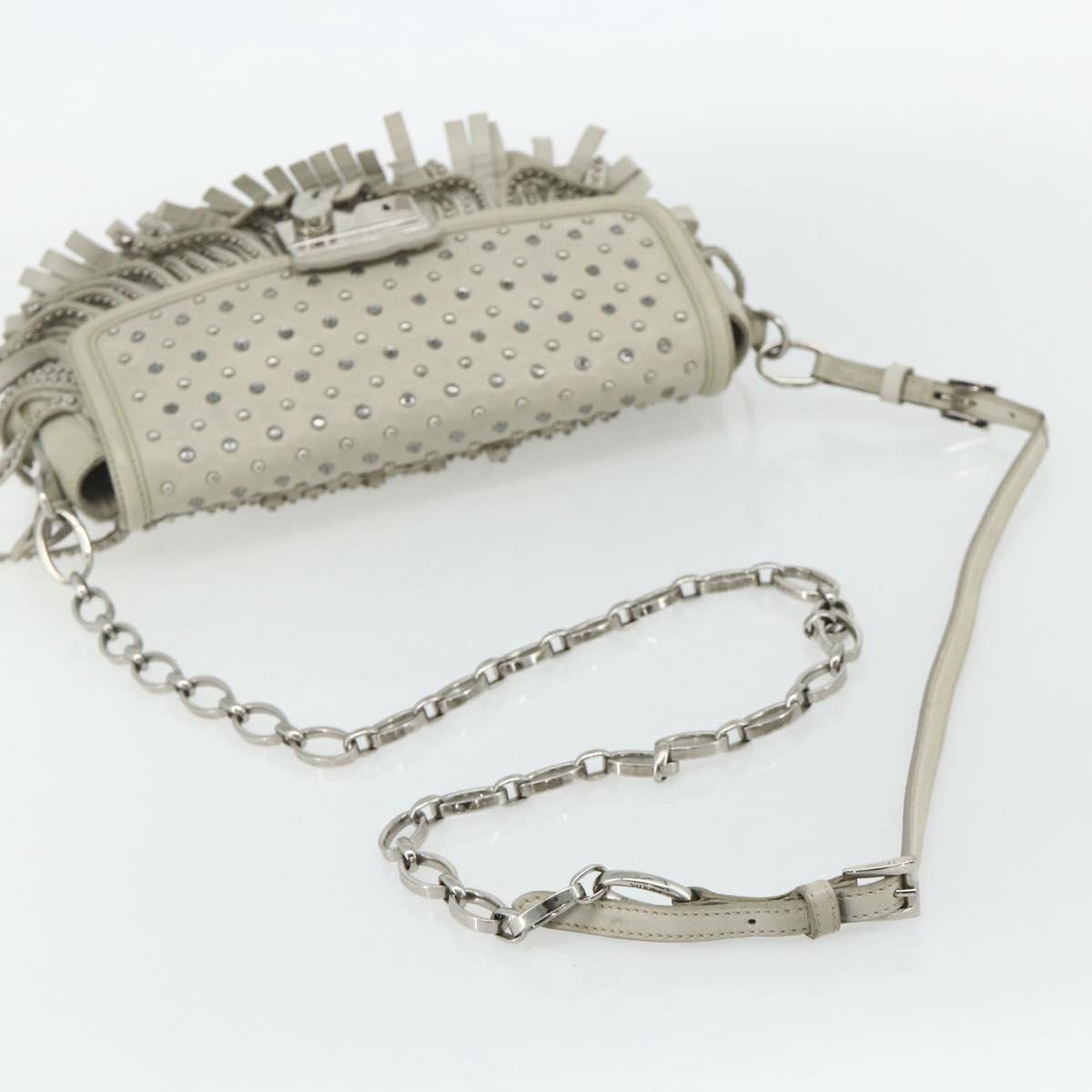 PRADA Chain Shoulder Bag Leather Silver Ivory Auth 179041A