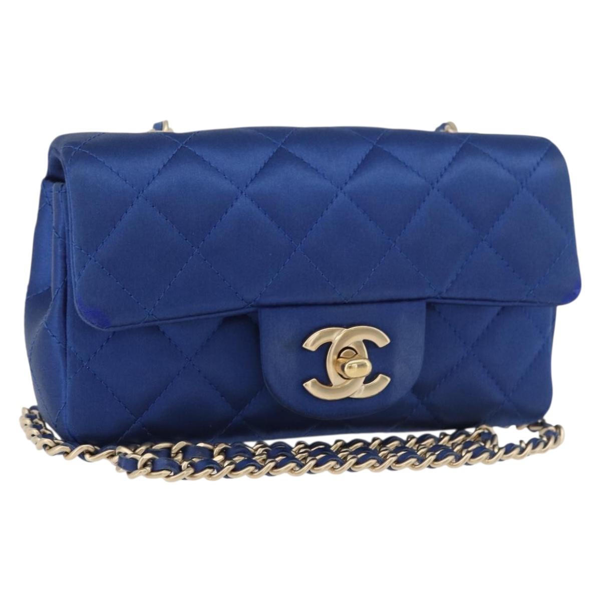 CHANEL Chain Mini Matelasse 17 Shoulder Bag Satin Blue Gold CC Auth 179045