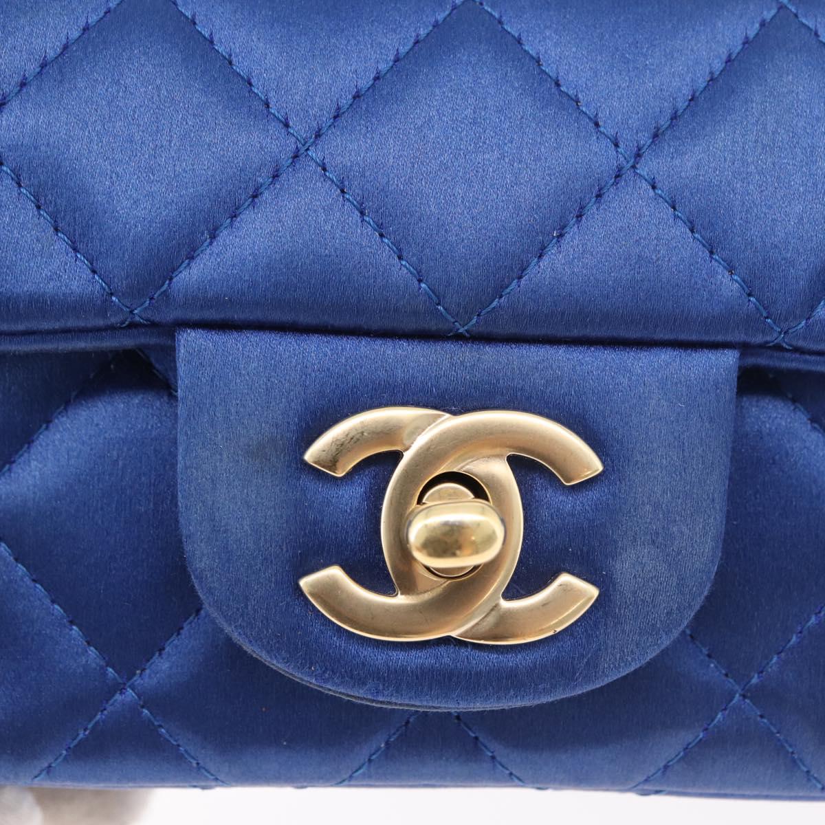 CHANEL Chain Mini Matelasse 17 Shoulder Bag Satin Blue Gold CC Auth 179045