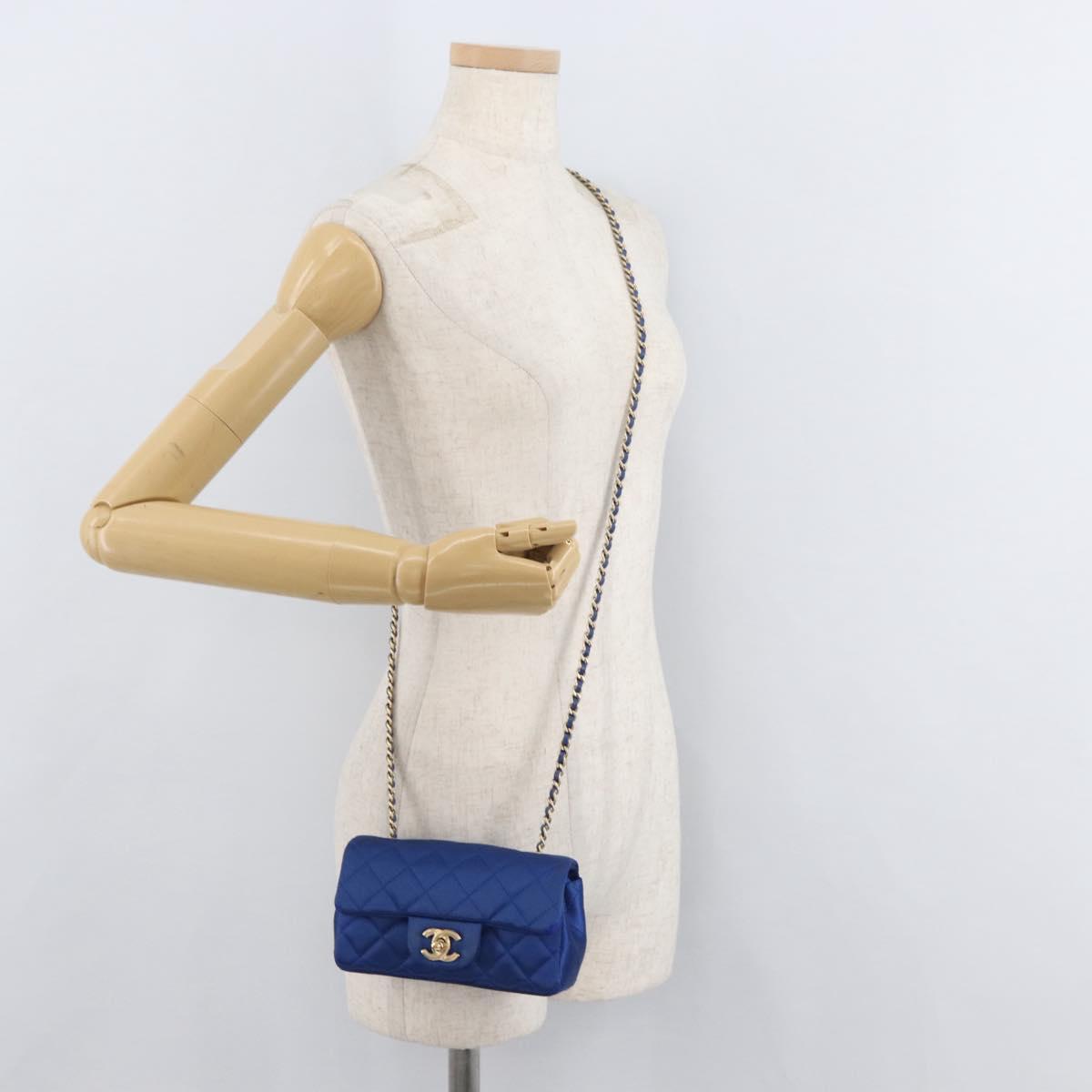 CHANEL Chain Mini Matelasse 17 Shoulder Bag Satin Blue Gold CC Auth 179045