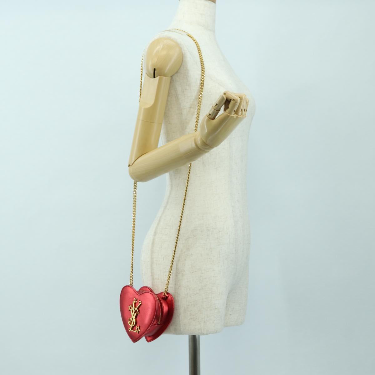 SAINT LAURENT Love Heart Chain Shoulder Bag Leather Red Gold Auth 179049V