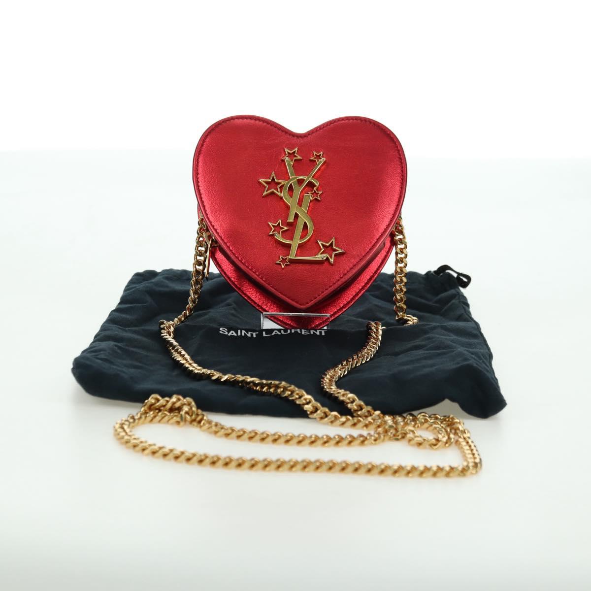 SAINT LAURENT Love Heart Chain Shoulder Bag Leather Red Gold Auth 179049V
