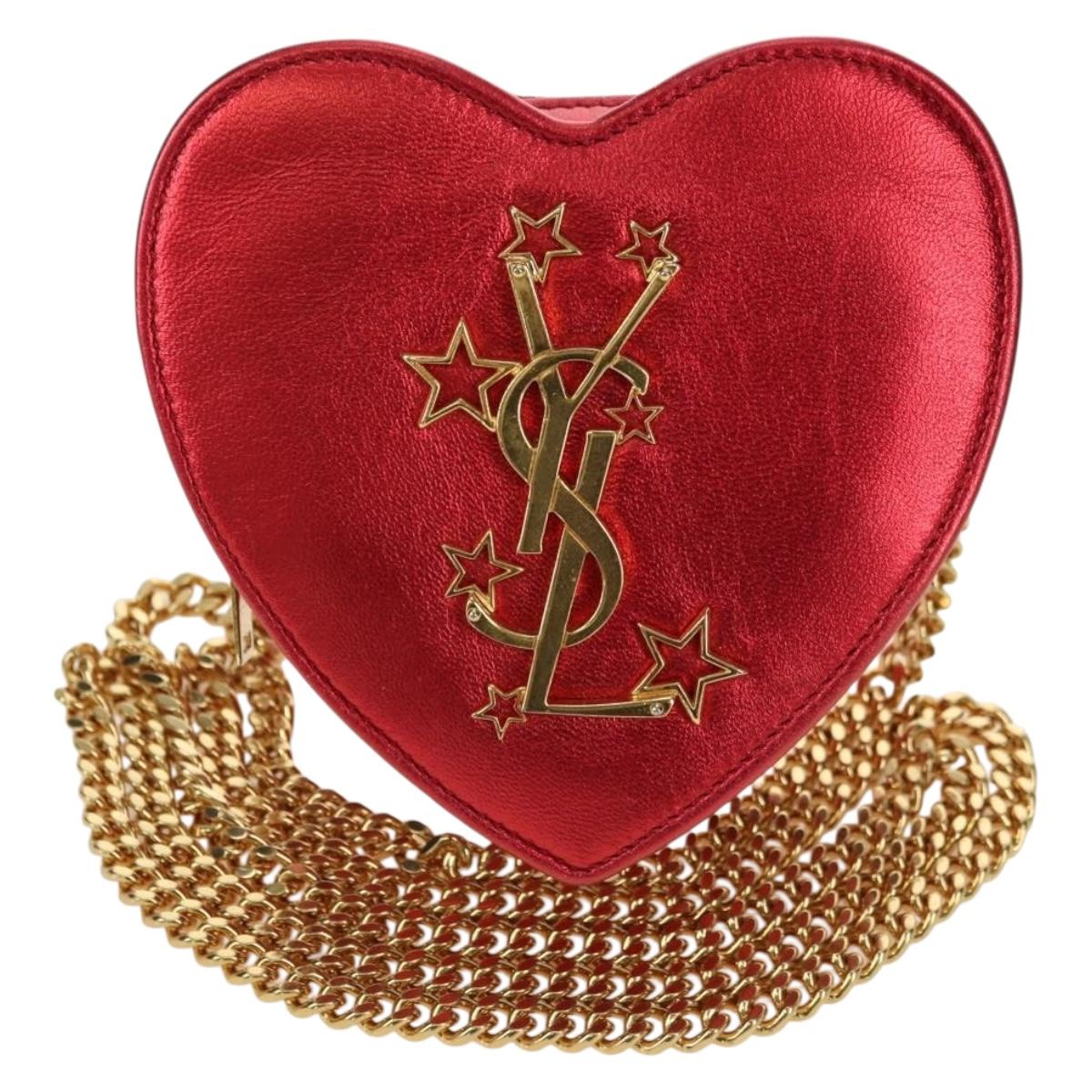 SAINT LAURENT Love Heart Chain Shoulder Bag Leather Red Gold Auth 179049V