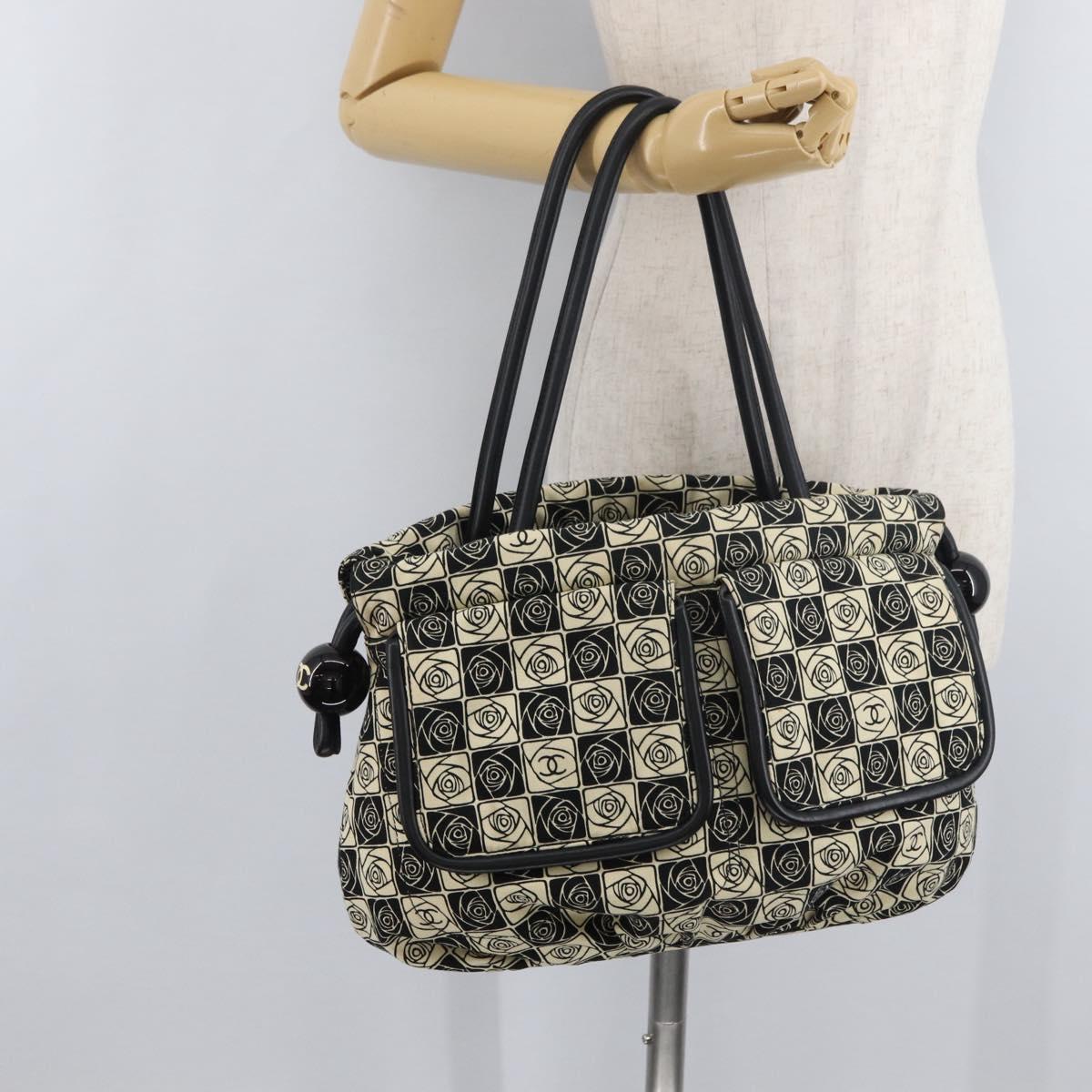 CHANEL Camelia Tote Bag Canvas Black Silver CC Auth 179051SAV