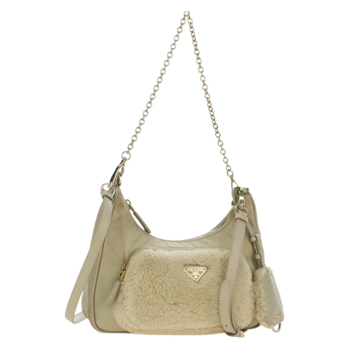PRADA Chain Shoulder Bag Nylon 3way Beige Gold Auth 179052V