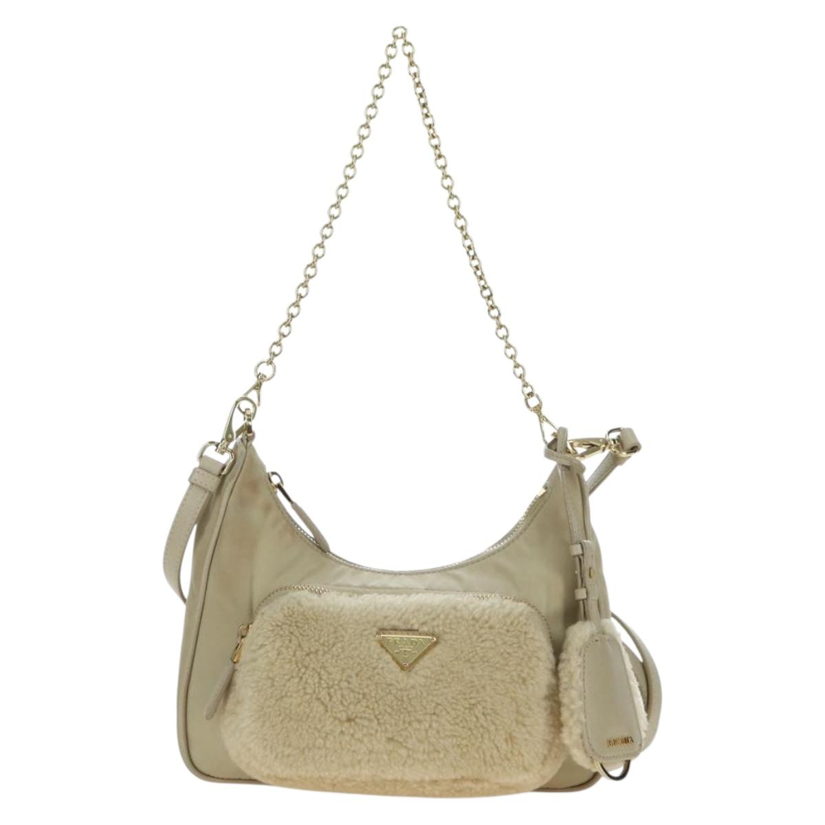 PRADA Chain Shoulder Bag Nylon 3way Beige Gold Auth 179052V