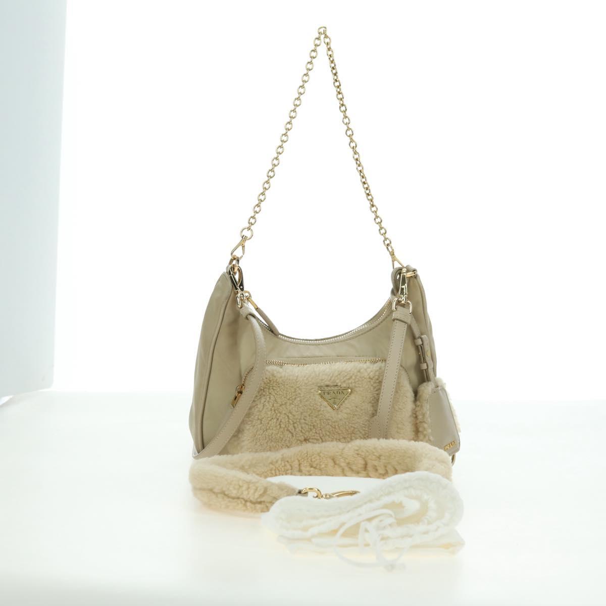 PRADA Chain Shoulder Bag Nylon 3way Beige Gold Auth 179052V