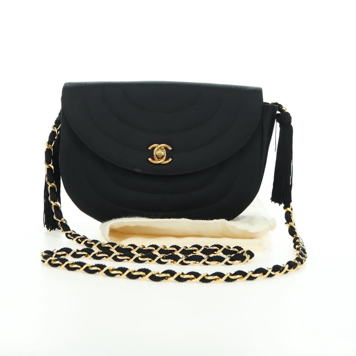 CHANEL Half Moon Chain Shoulder Bag Satin Black Gold CC Auth 179055SAV