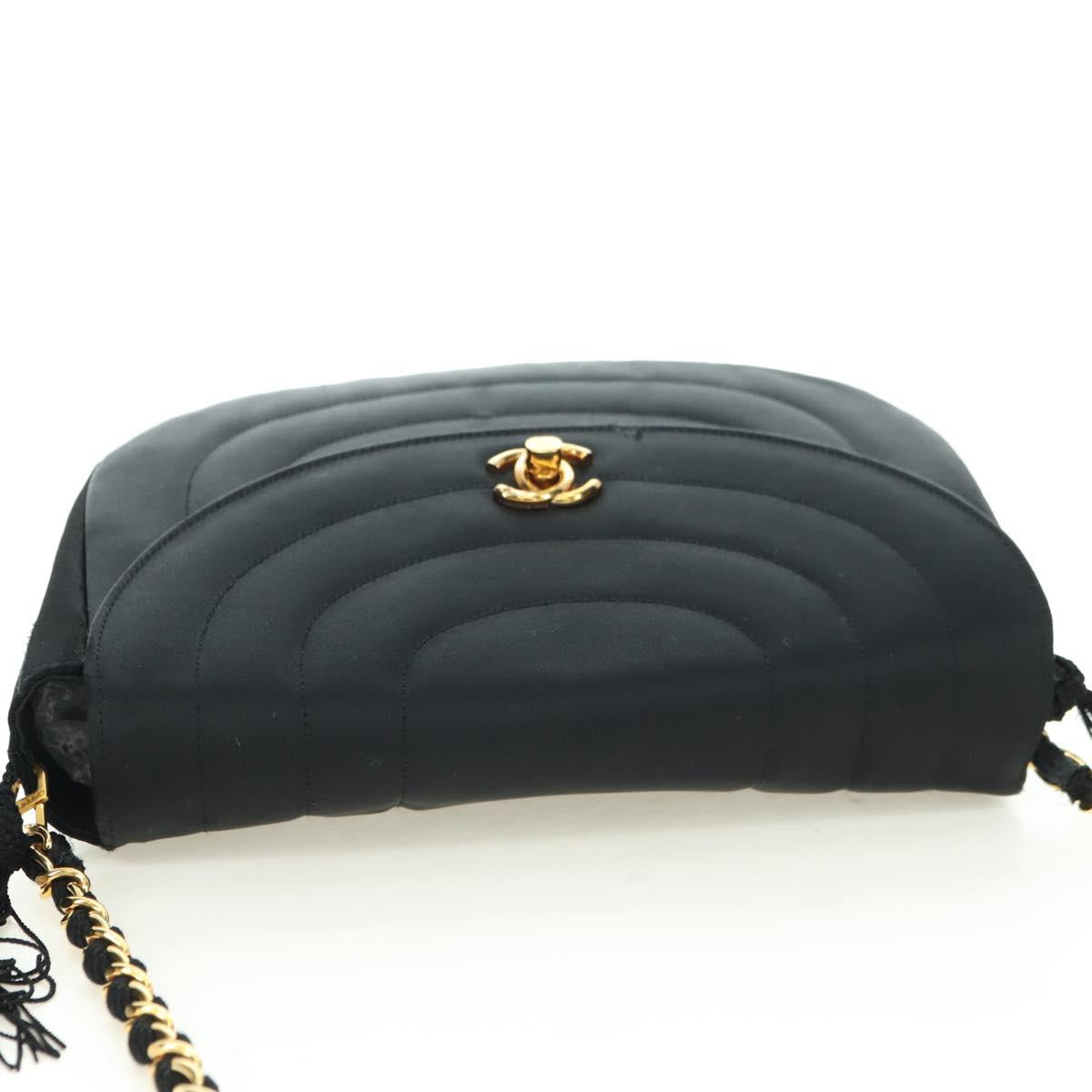 CHANEL Half Moon Chain Shoulder Bag Satin Black Gold CC Auth 179055SAV