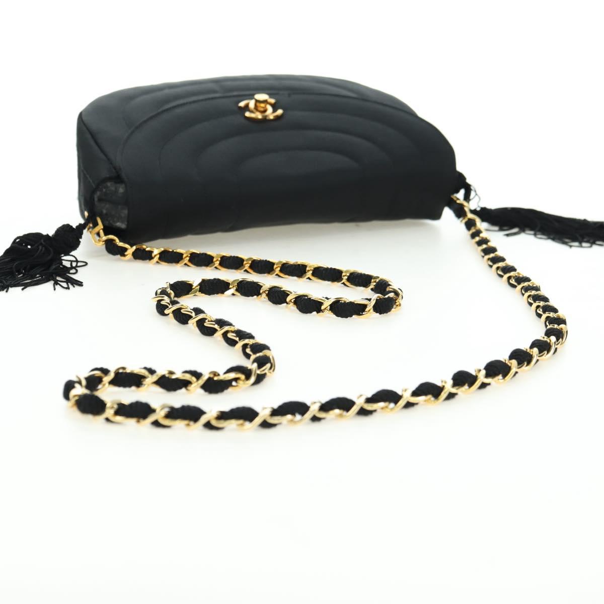 CHANEL Half Moon Chain Shoulder Bag Satin Black Gold CC Auth 179055SAV