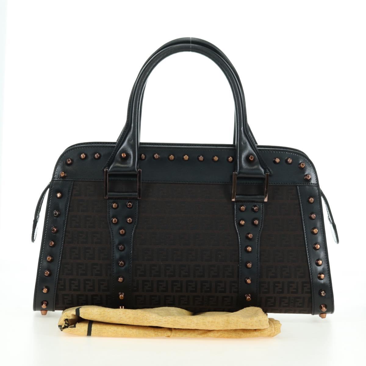 FENDI Zucchino Canvas Hand Bag Brown Silver Auth 179058V