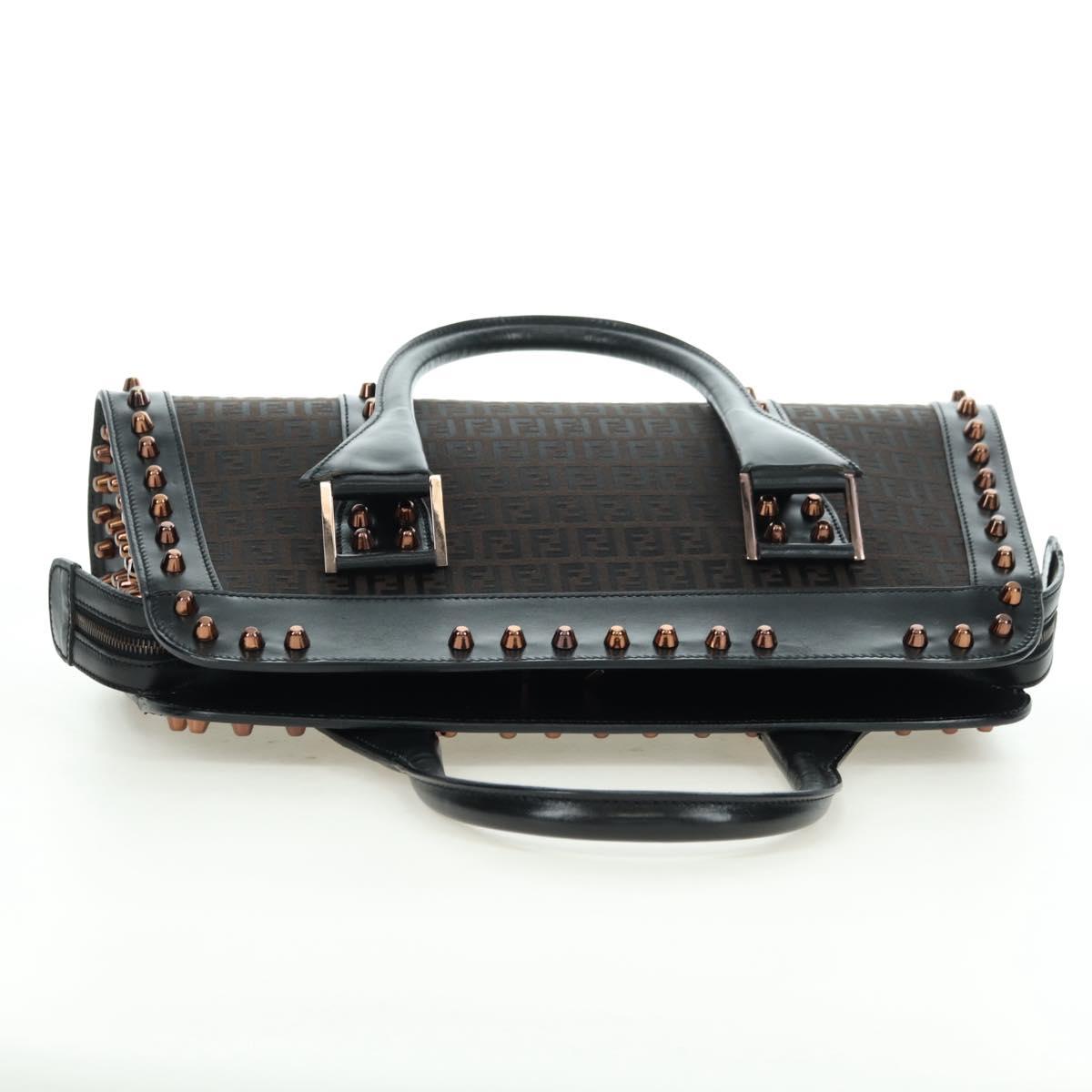 FENDI Zucchino Canvas Hand Bag Brown Silver Auth 179058V