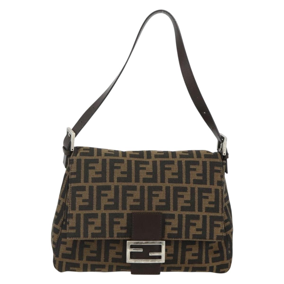 FENDI Zucca Canvas Mamma Baguette Shoulder Bag Black Brown Auth 179060V