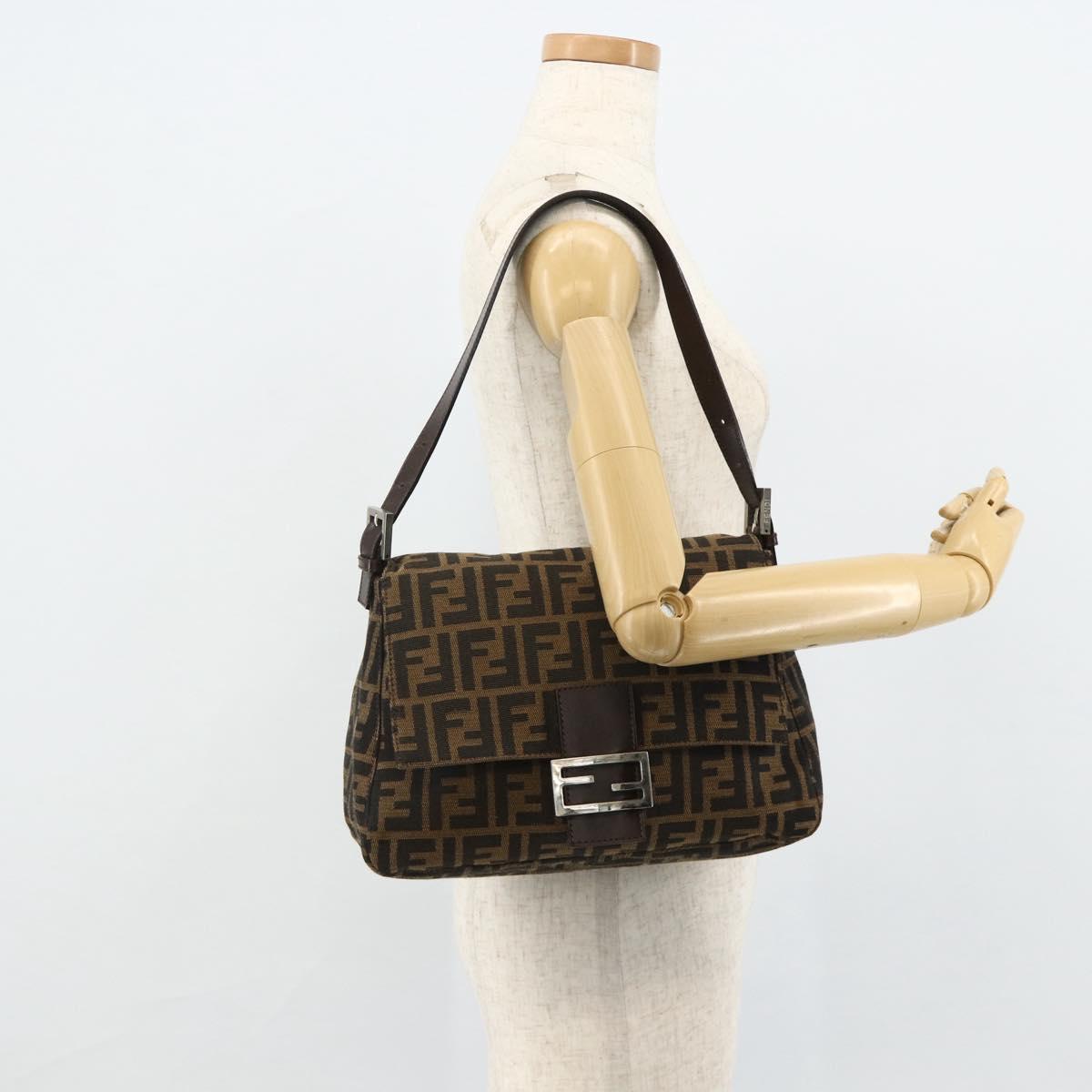 FENDI Zucca Canvas Mamma Baguette Shoulder Bag Black Brown Auth 179060V