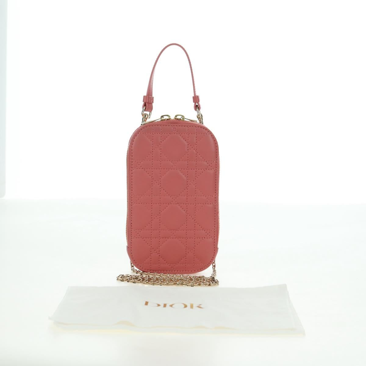 Christian Dior Cannage Chain Phone Pouch Bag Lamb Skin Pink Gold Auth 179066M