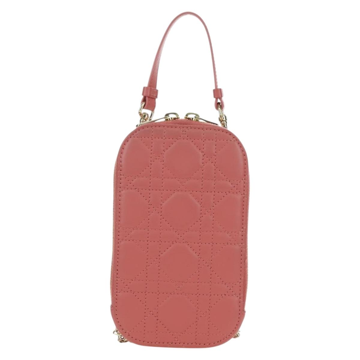 Christian Dior Cannage Chain Phone Pouch Bag Lamb Skin Pink Gold Auth 179066M