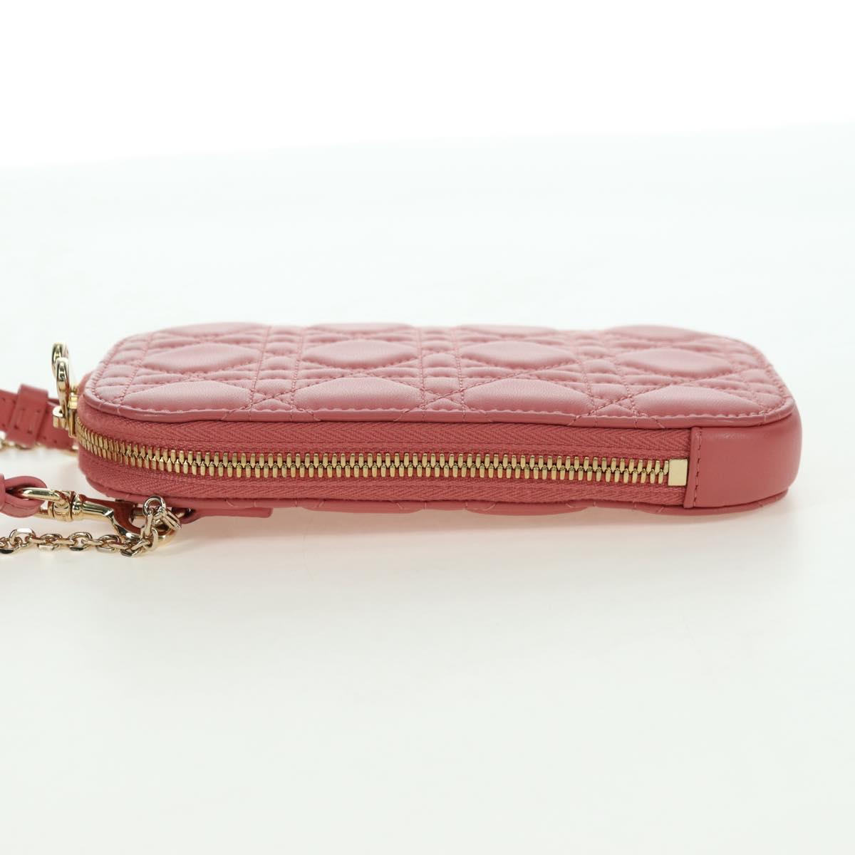 Christian Dior Cannage Chain Phone Pouch Bag Lamb Skin Pink Gold Auth 179066M