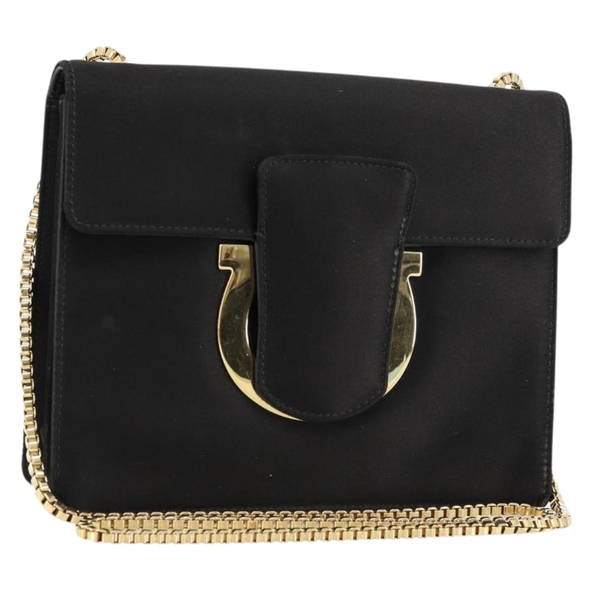 Salvatore Ferragamo Gancini Chain Shoulder Bag Satin Black Gold Auth 179087
