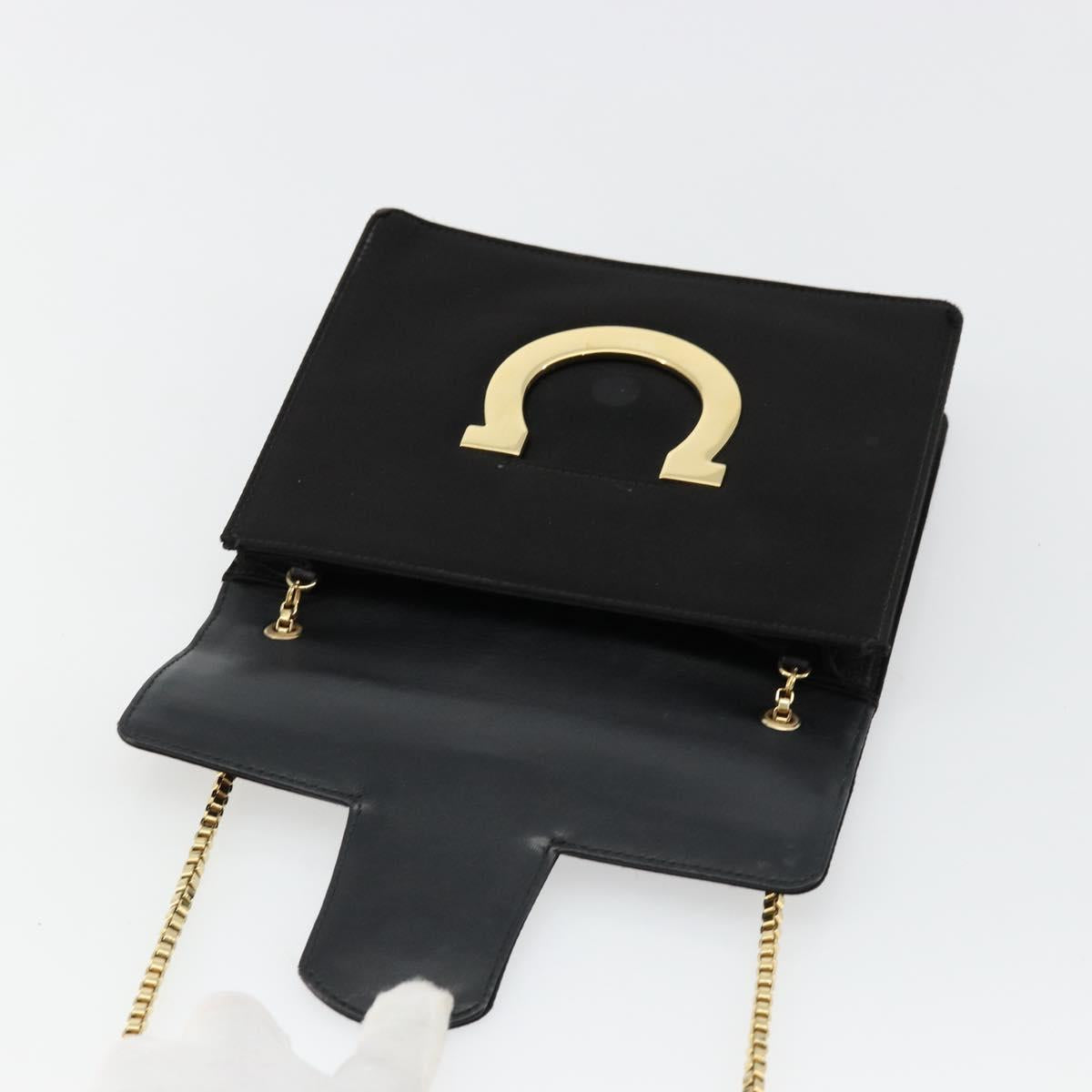 Salvatore Ferragamo Gancini Chain Shoulder Bag Satin Black Gold Auth 179087