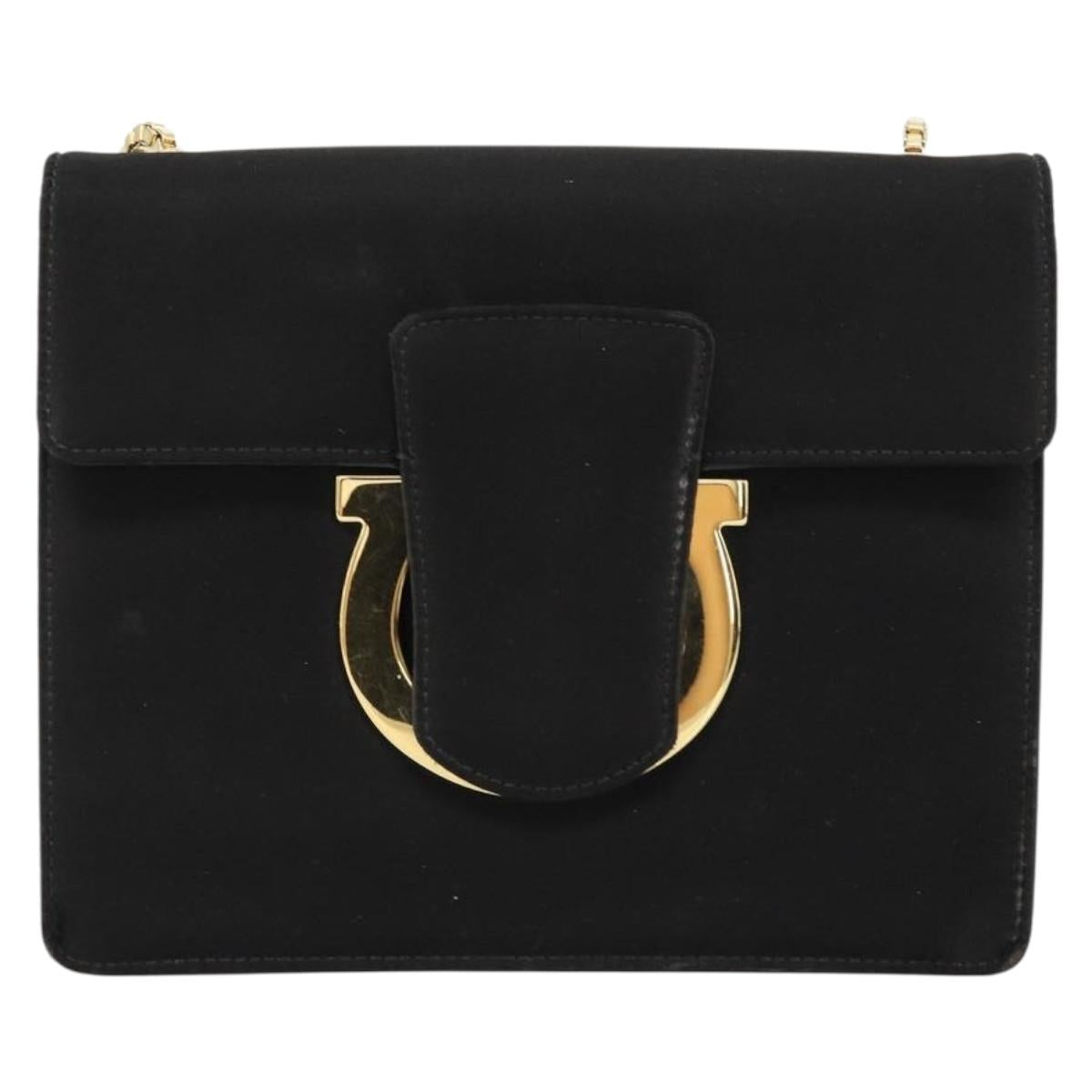 Salvatore Ferragamo Gancini Chain Shoulder Bag Satin Black Gold Auth 179087