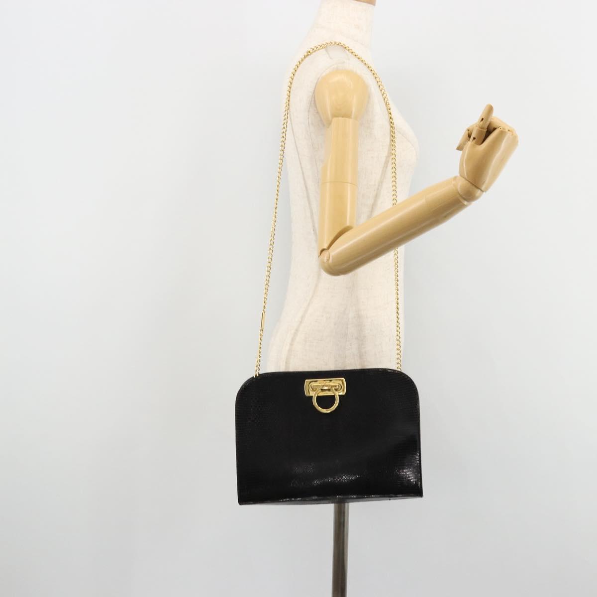 Salvatore Ferragamo Gancini Chain Bag Leather Embossed Black Gold Auth 179088A