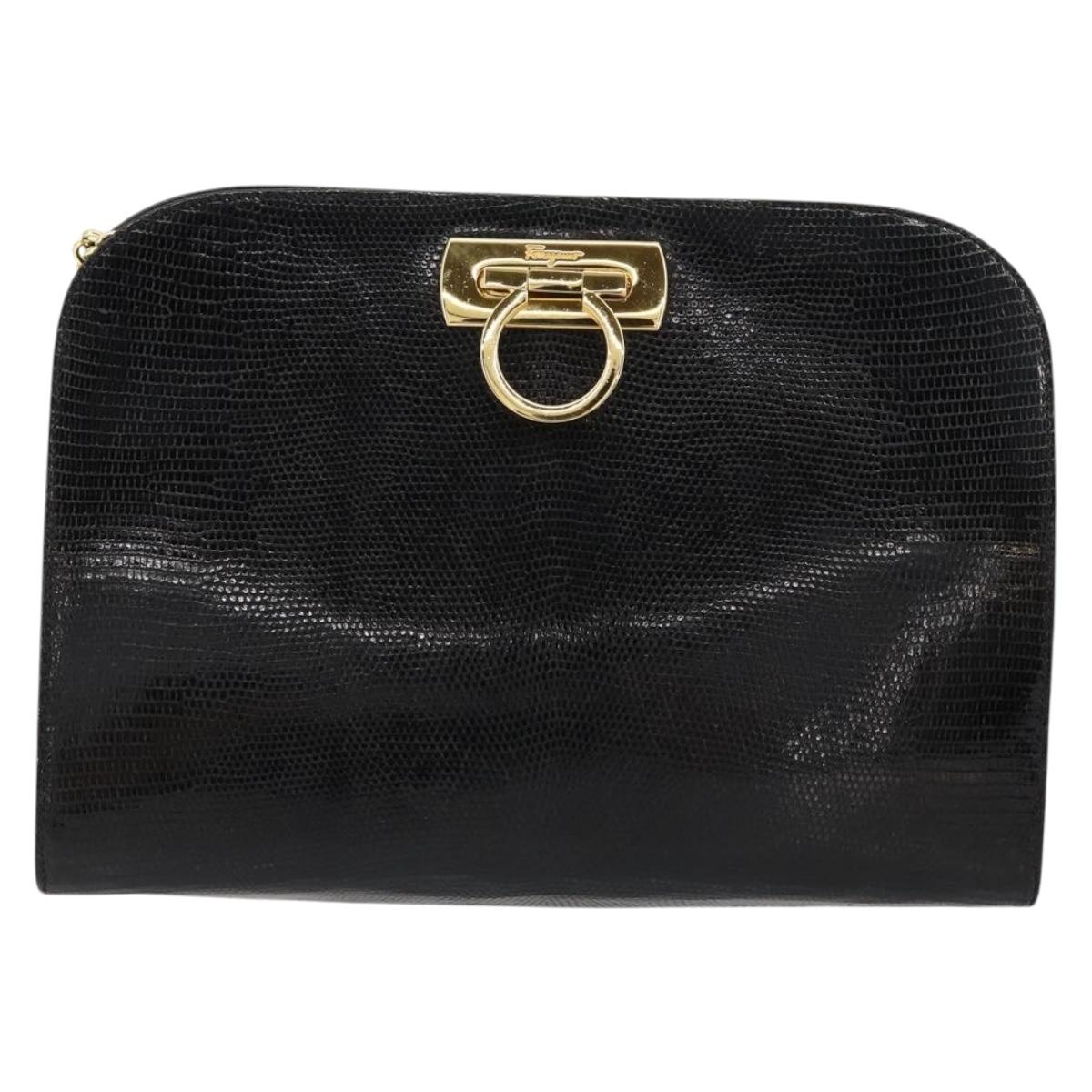 Salvatore Ferragamo Gancini Chain Bag Leather Embossed Black Gold Auth 179088A