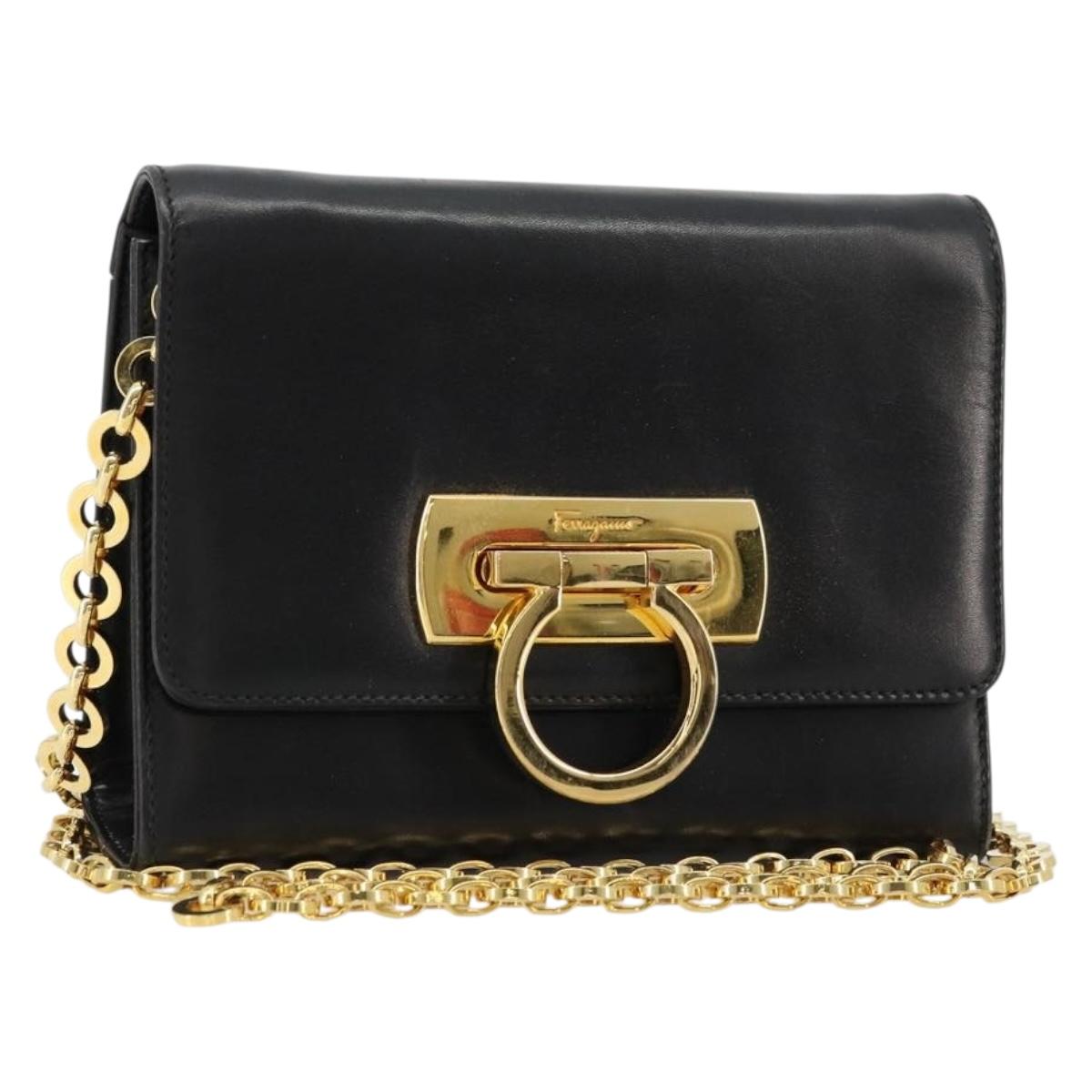Salvatore Ferragamo Gancini Chain Shoulder Bag Leather Black Gold Auth 179103