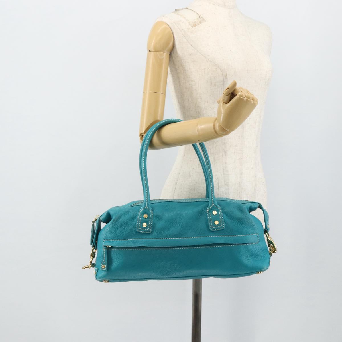 CELINE Hand Bag Leather Turquoise Blue Gold Auth 179140A