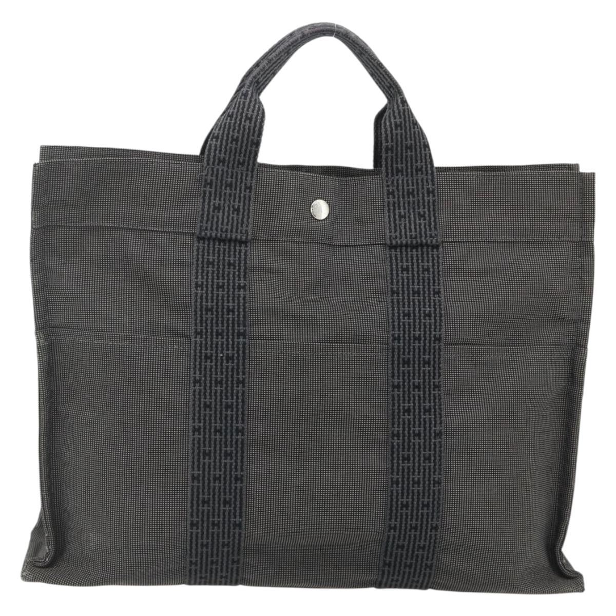HERMES Her Line MM Hand Bag Canvas Gray Silver Auth 179155A