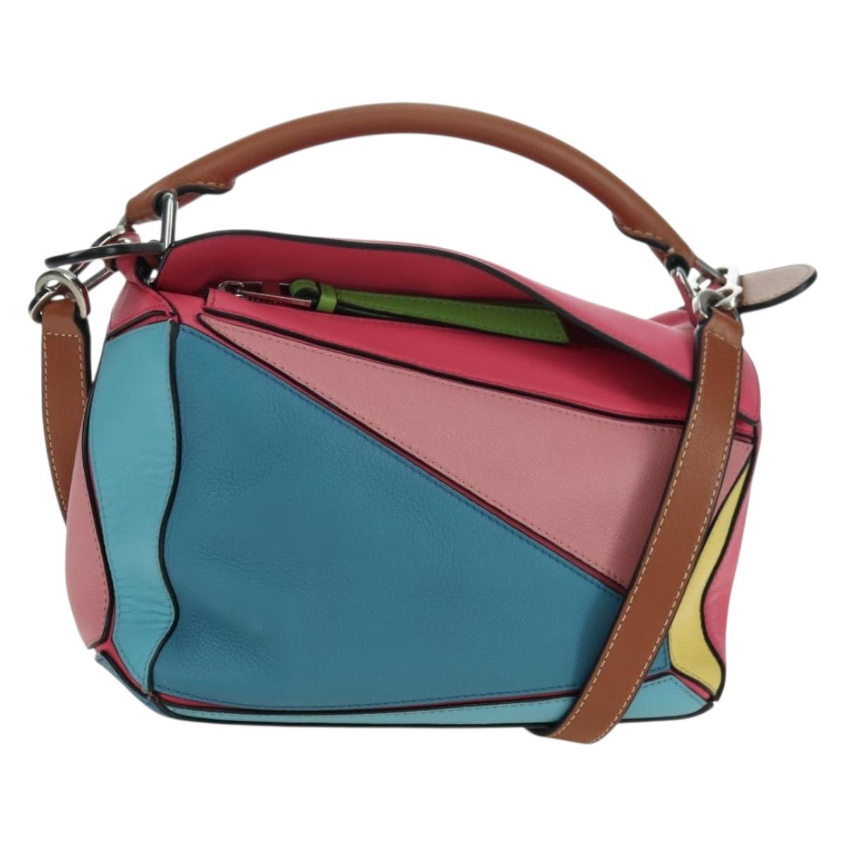 LOEWE Puzzle Bag Small Hand Bag Leather 2way Multicolor Silver Auth 179185SV