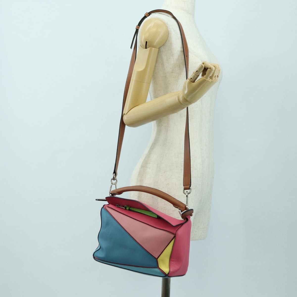 LOEWE Puzzle Bag Small Hand Bag Leather 2way Multicolor Silver Auth 179185SV