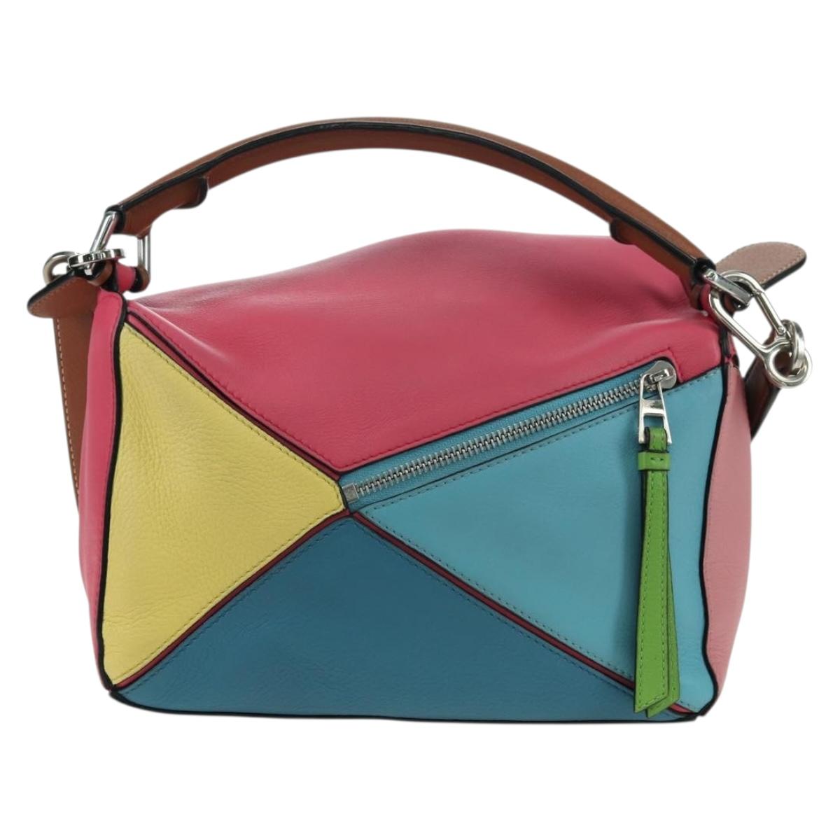 LOEWE Puzzle Bag Small Hand Bag Leather 2way Multicolor Silver Auth 179185SV