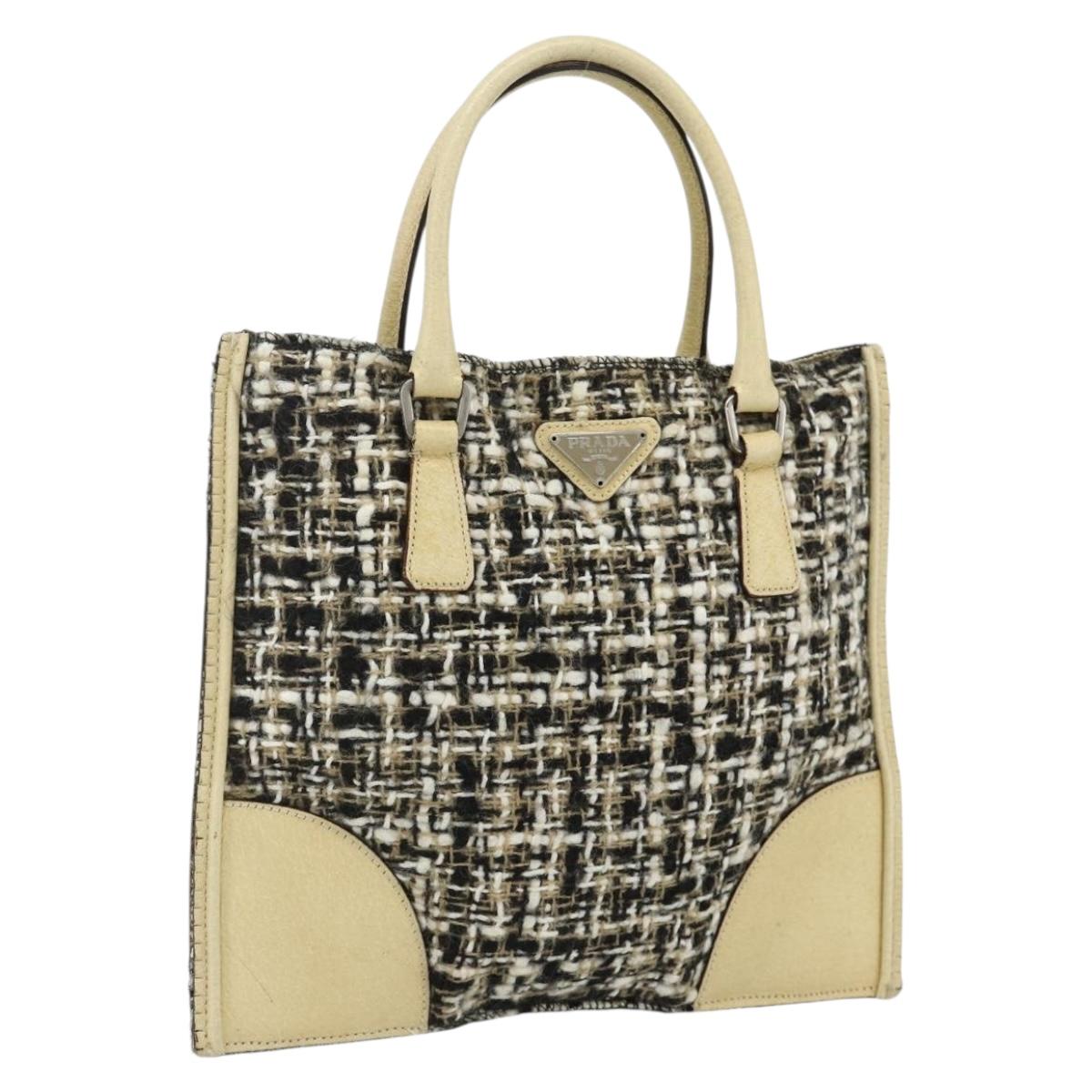 PRADA Hand Bag Leather Tweed Black Silver Auth 179221A