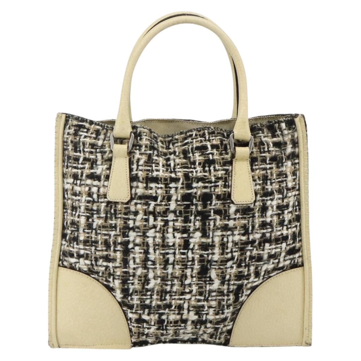 PRADA Hand Bag Leather Tweed Black Silver Auth 179221A