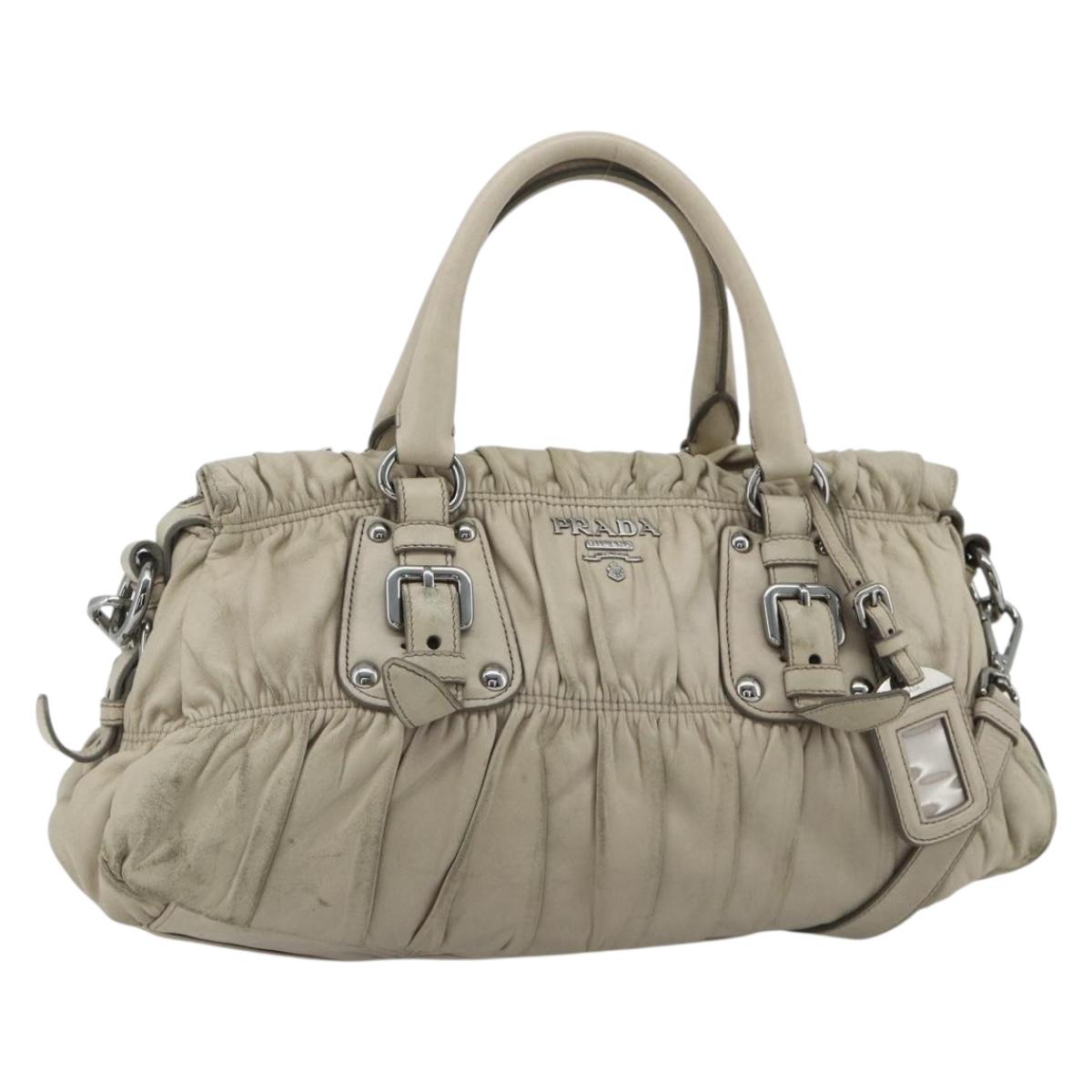 PRADA Gathered Hand Bag Leather 2way Gray Silver Auth 179227A