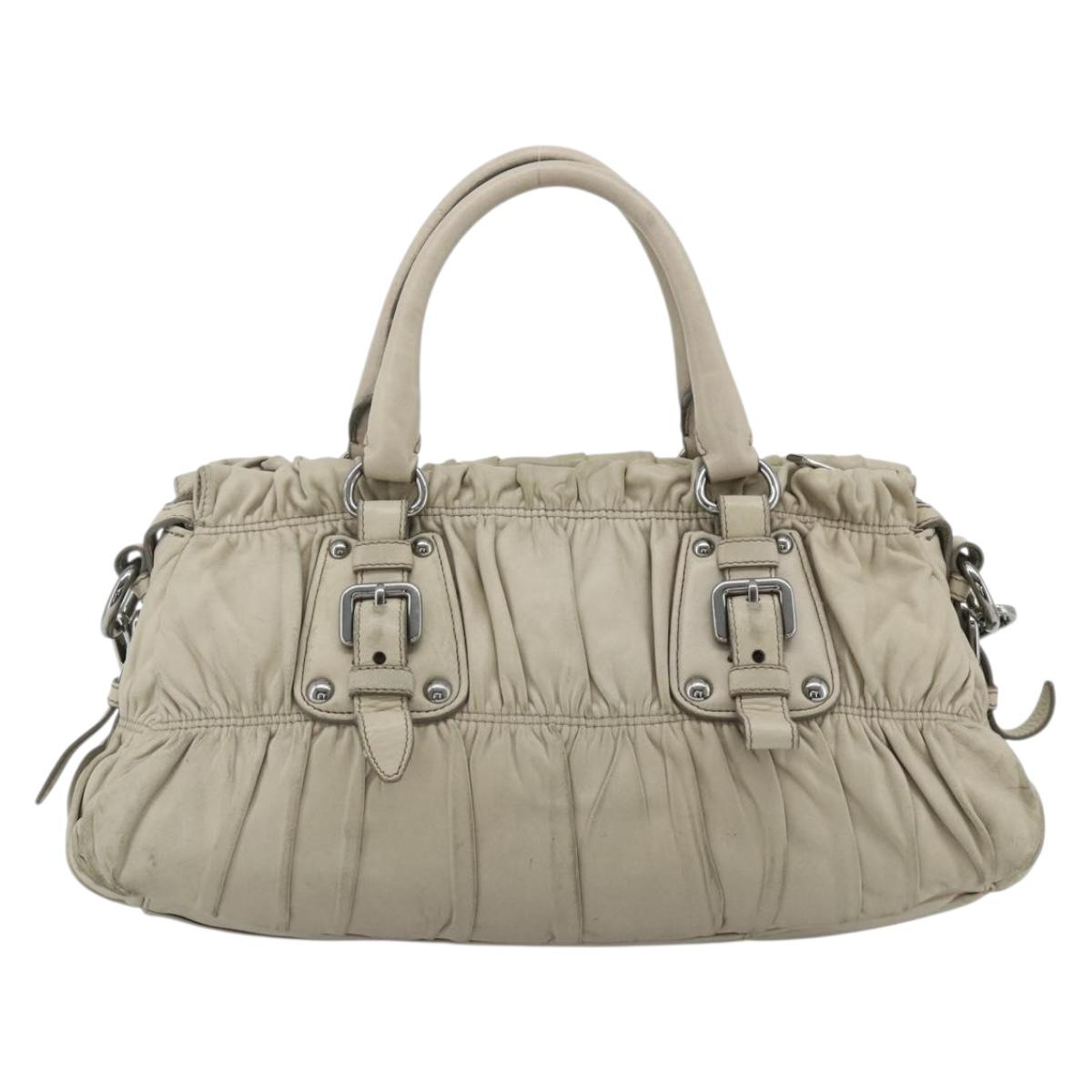 PRADA Gathered Hand Bag Leather 2way Gray Silver Auth 179227A