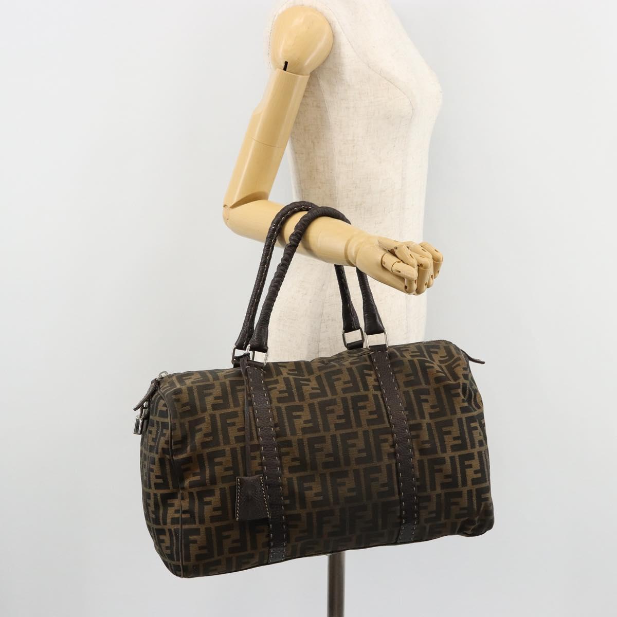 FENDI Zucca Canvas Celeria Boston Bag Black Brown Auth 179230A