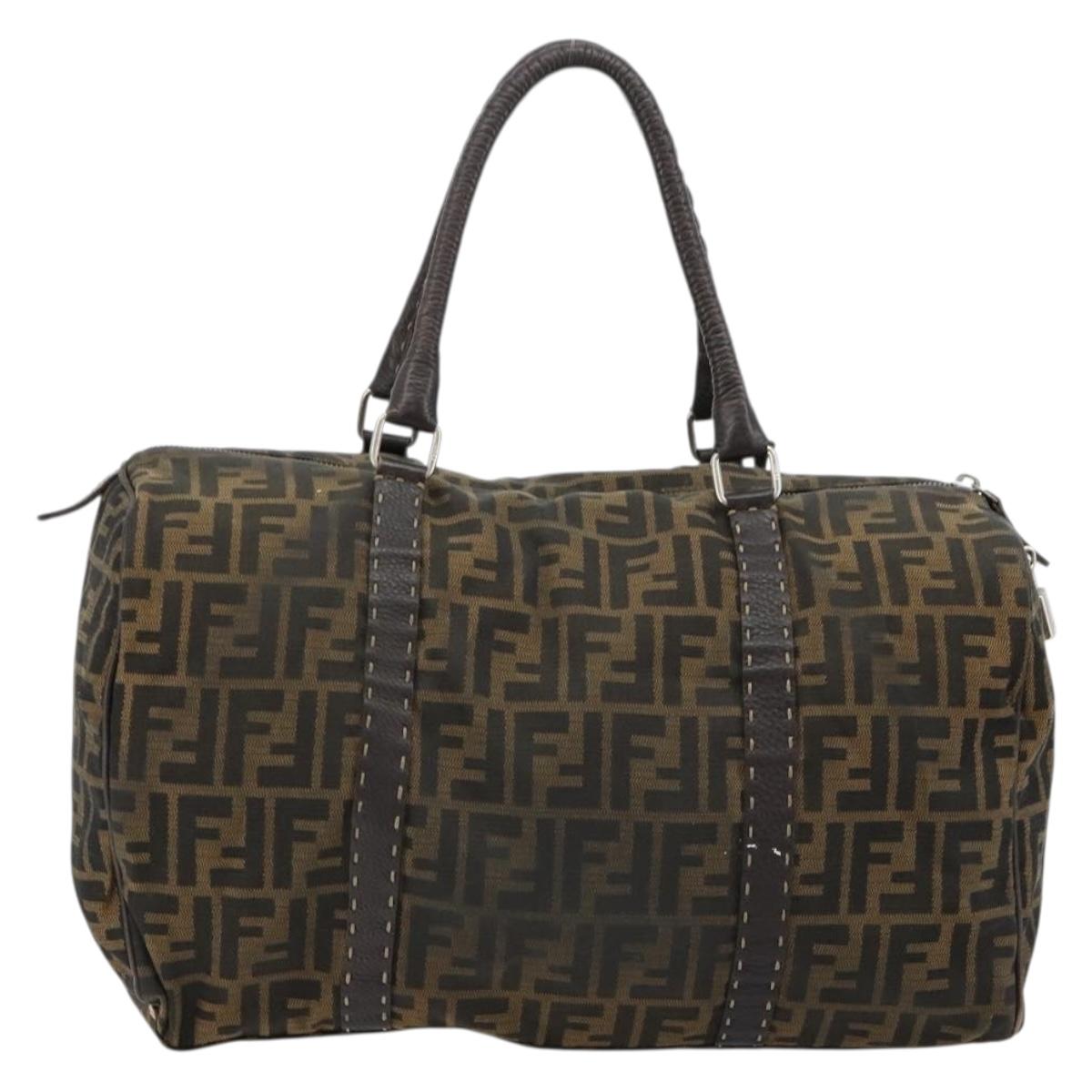 FENDI Zucca Canvas Celeria Boston Bag Black Brown Auth 179230A