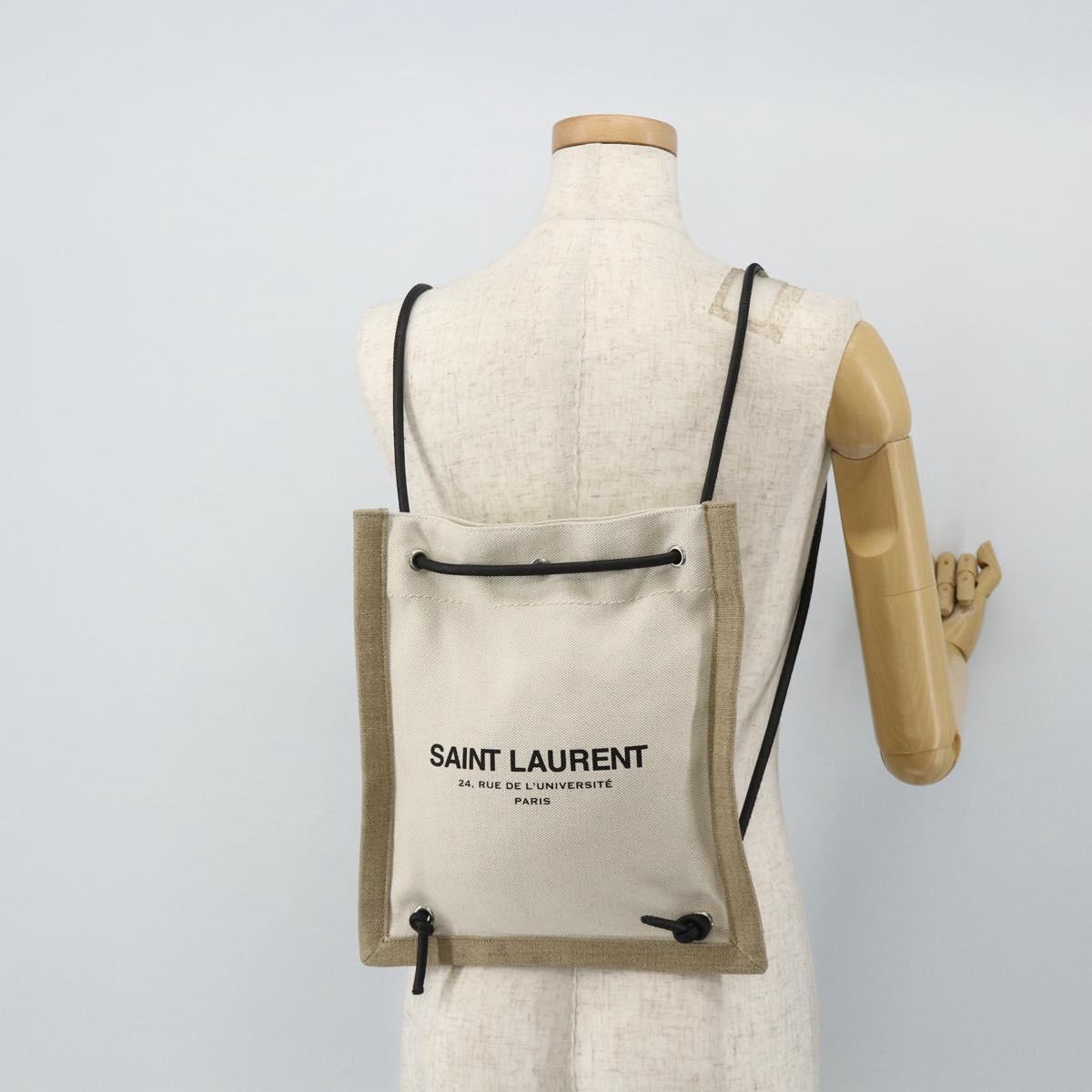 SAINT LAURENT Backpack Shoulder Bag Canvas Silver Beige Auth 179237A