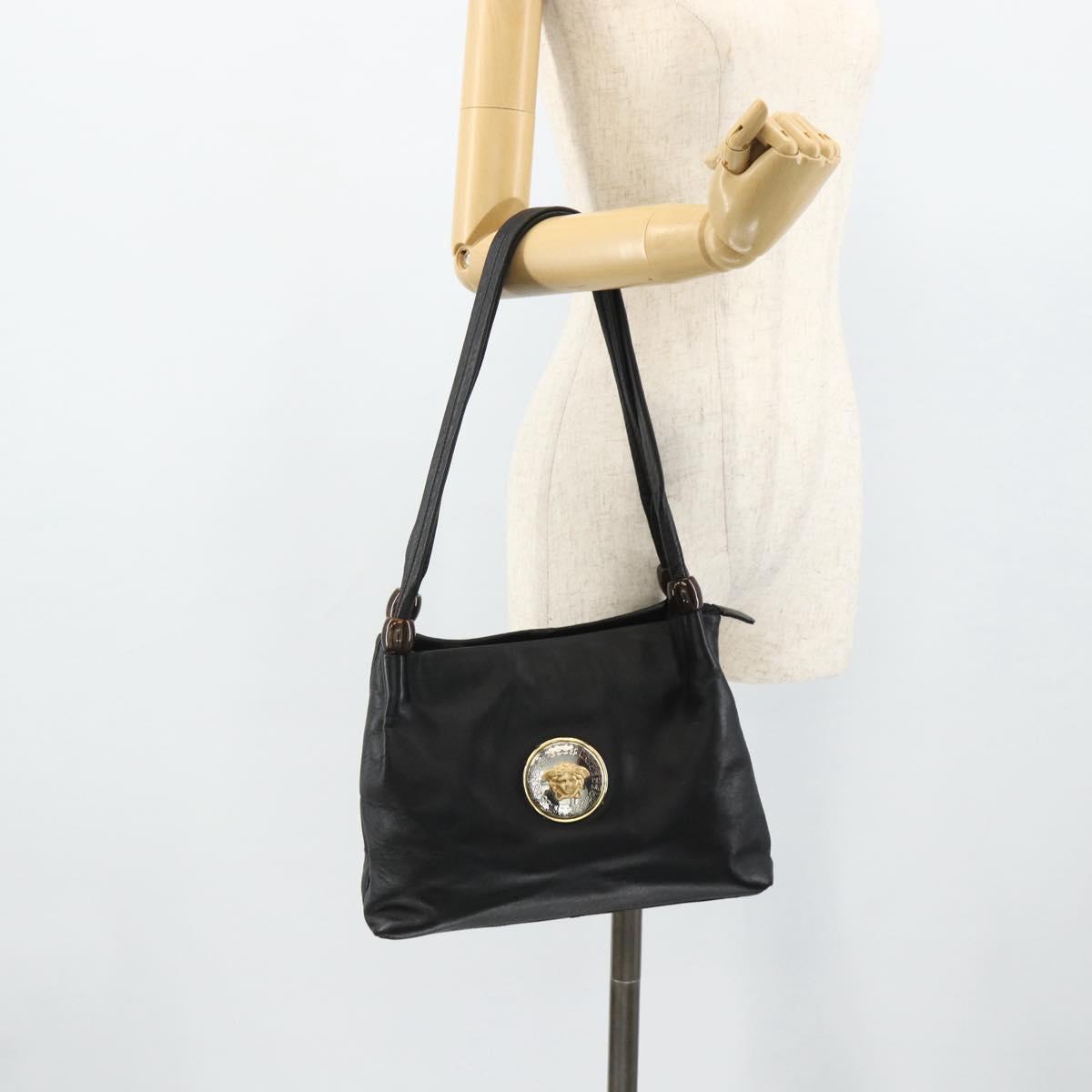 VERSACE Shoulder Bag Leather Black Gold Auth 179275A