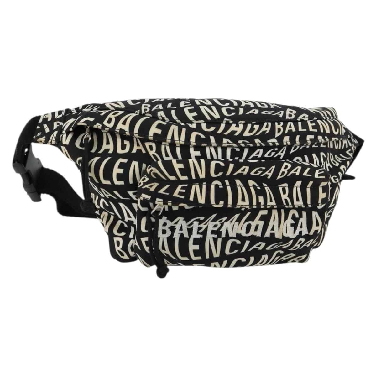 BALENCIAGA Body Bag Canvas Black Silver Auth 179277A