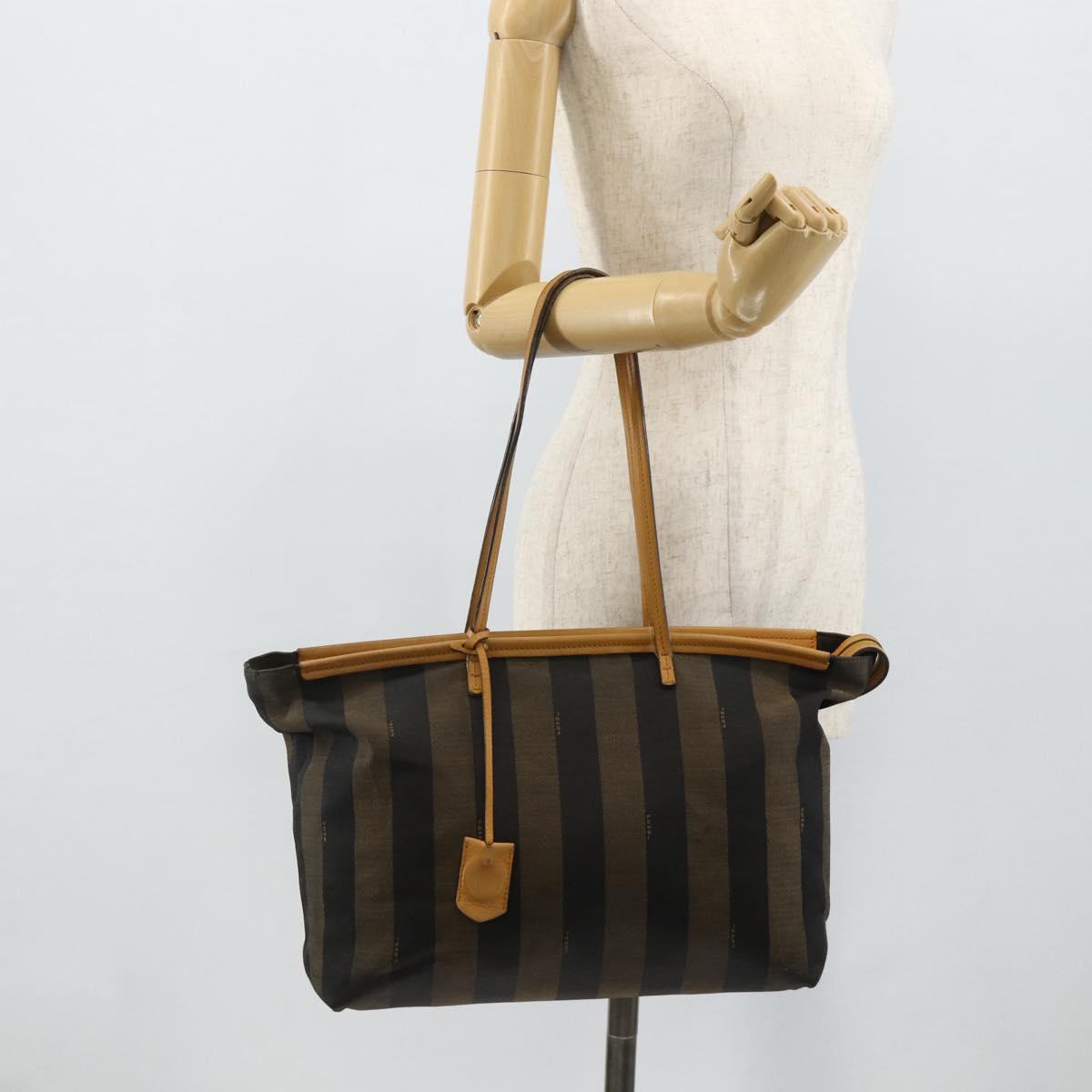 FENDI Pecan Canvas Tote Bag Brown Black Auth 179296