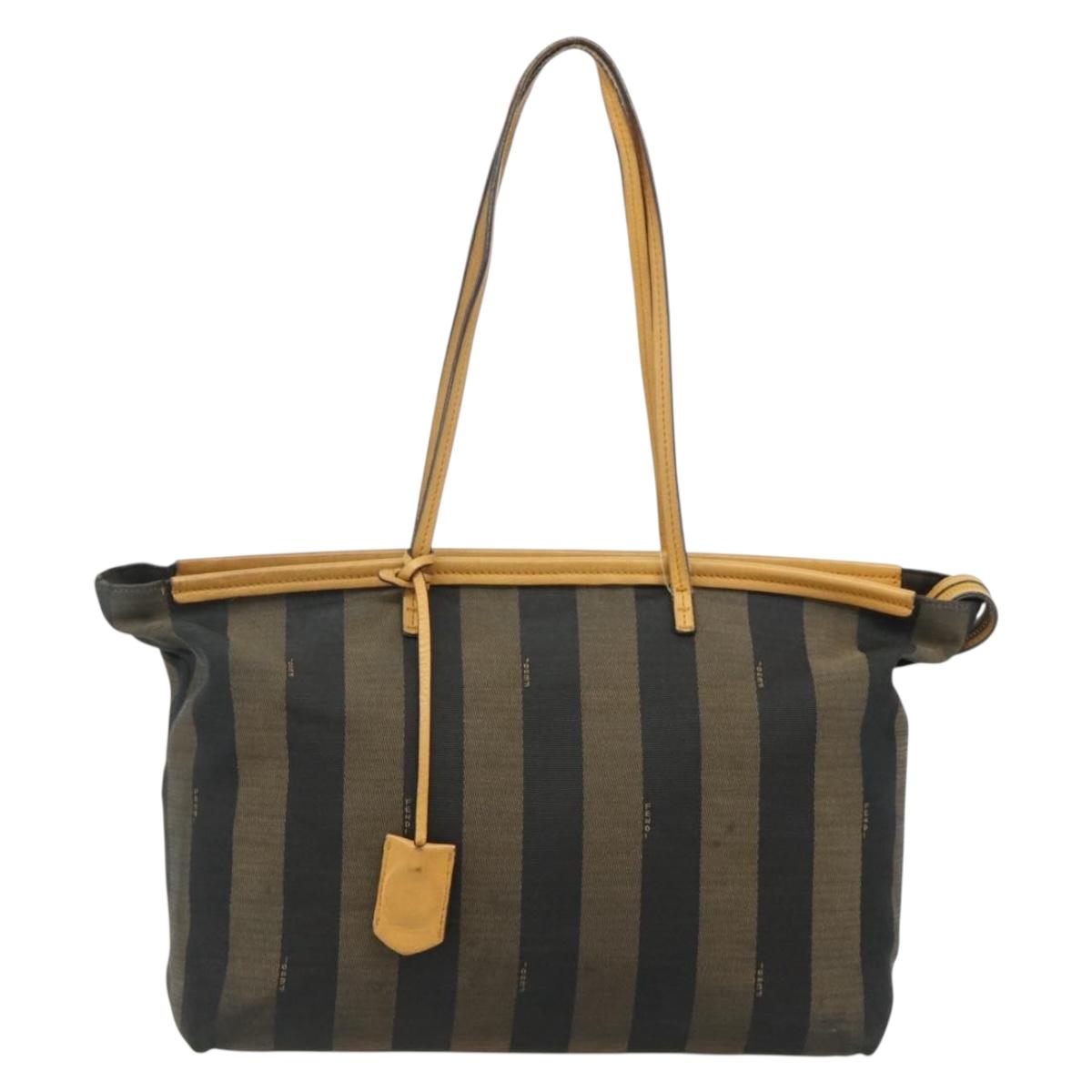 FENDI Pecan Canvas Tote Bag Brown Black Auth 179296