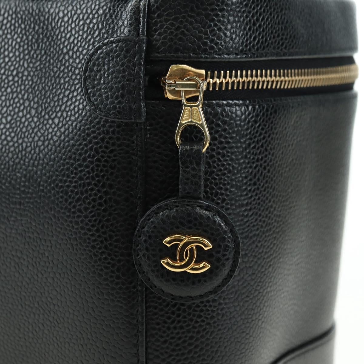 CHANEL Vanity Hand Bag Caviar Skin Black Gold CC Auth 179303SAV