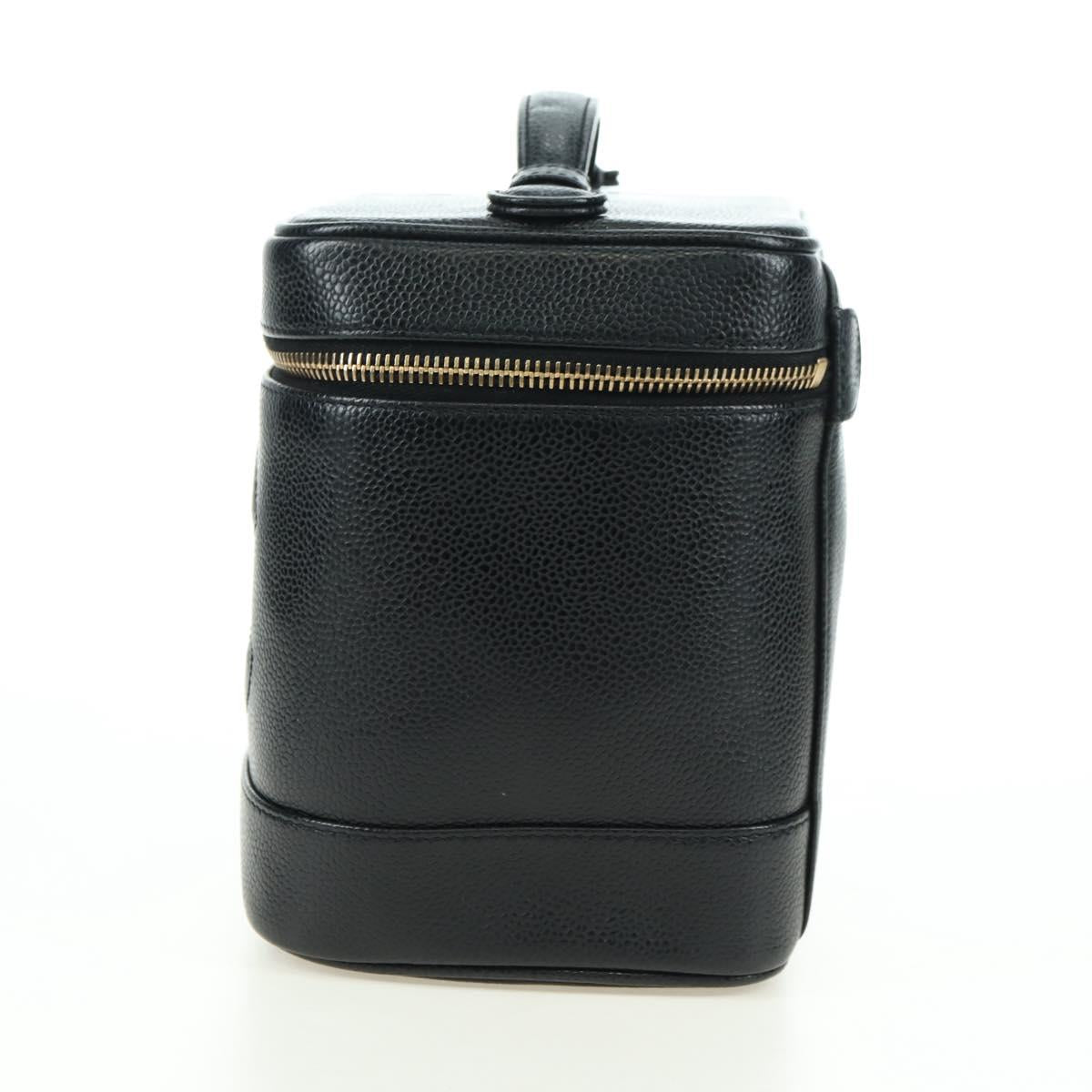 CHANEL Vanity Hand Bag Caviar Skin Black Gold CC Auth 179303SAV