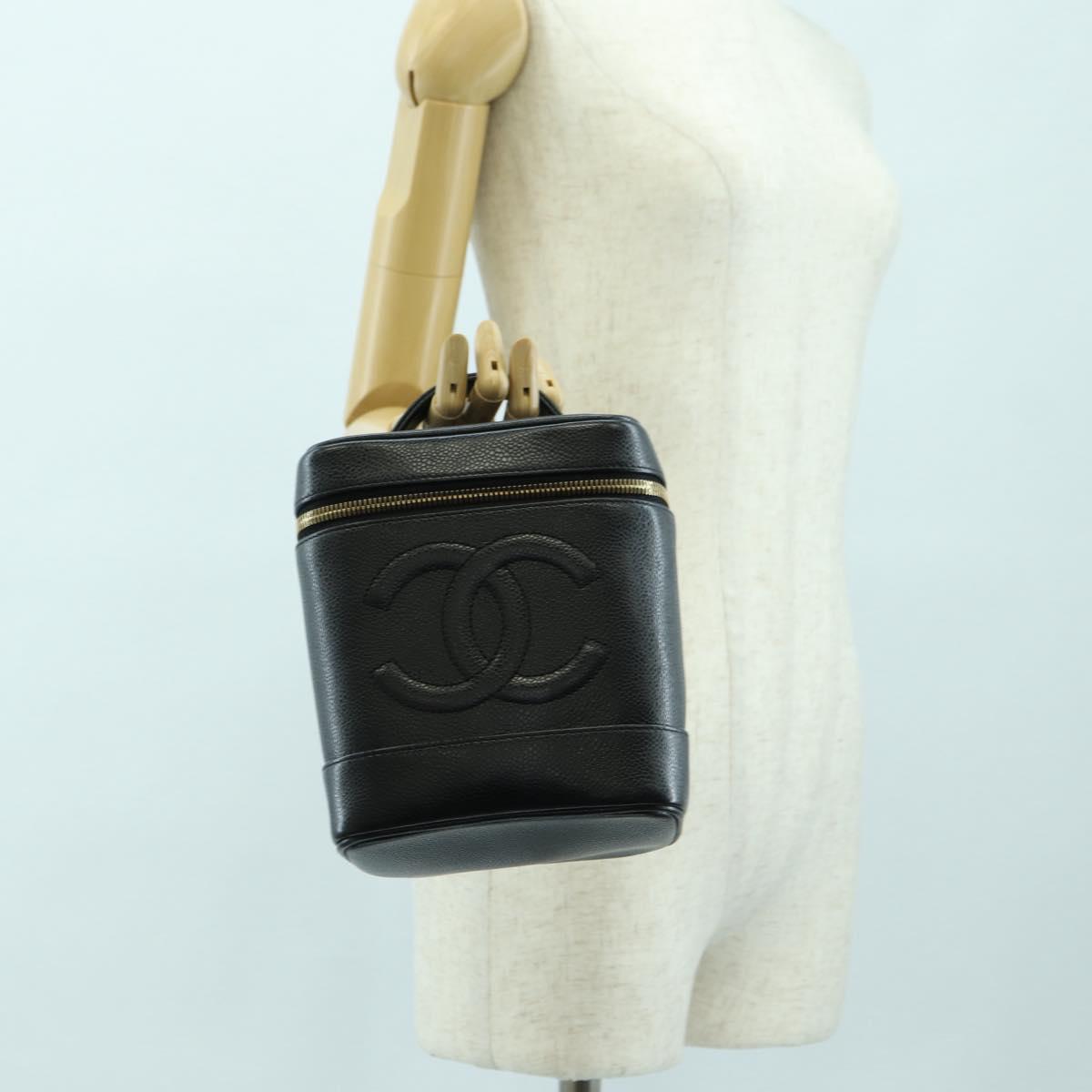CHANEL Vanity Hand Bag Caviar Skin Black Gold CC Auth 179303SAV